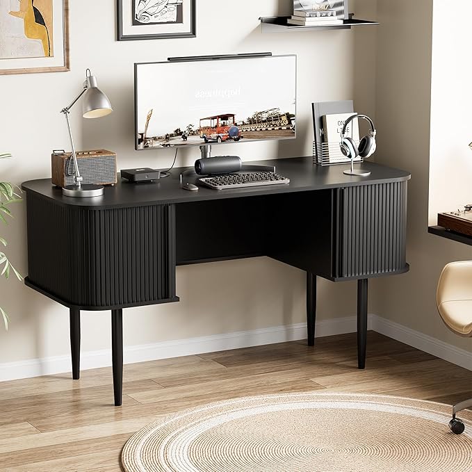 55 Modern Writing Desk with Sliding Doors Wood Home Office Desk with Storage Computer Desk for Study Living Room Dorm Black
