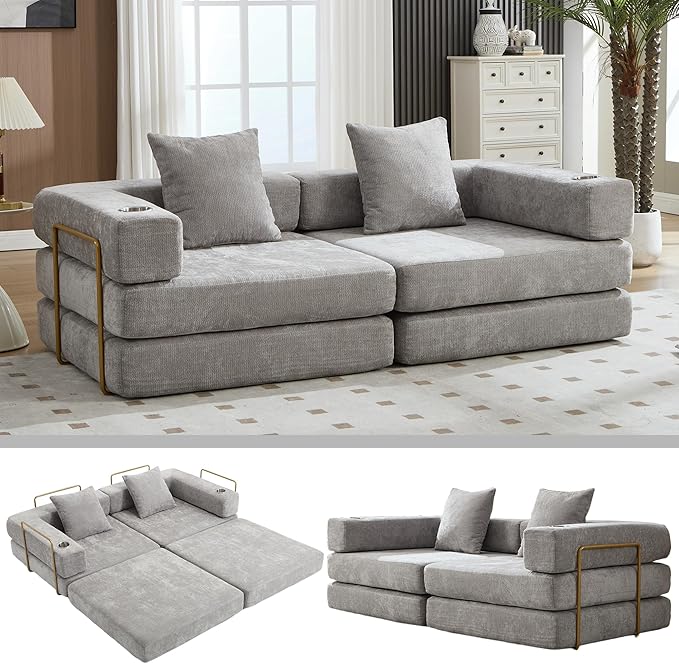 Convertible Sleeper Sofa Bed – 77'' 3-Seater Futon Couch with Corduroy Upholstery Pull-Out Floor Bed High-Density Foam No Assembly Perfect for Living Room Bedroom Apartment Studio (Beige)