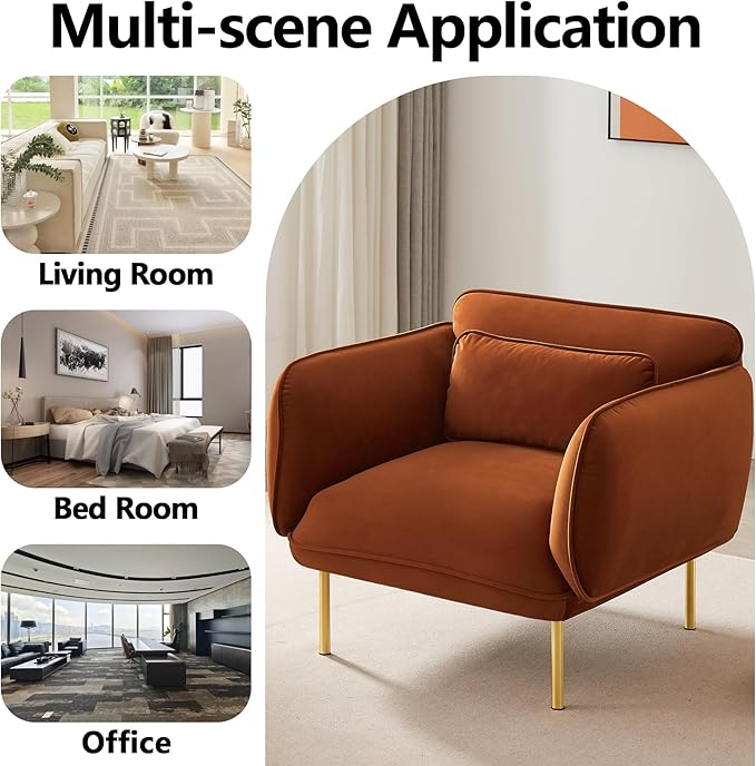 Oversized Accent Chair for Office Brown Side Chair &amp Soccasional Chairs for Living Room Comfortable Chair for BedroomVelve Club Chairs with Gold Legs Lumbar Pillow (Brown)