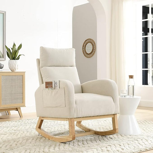 Nursery Rocking Glider Chair Modern Fabric Tall Back Accent Rocker Chair Upholstered Arm Chair w/Side Pockets Modern Leisure Single Sofa for Living Room Hotel Bedroom Office Beige