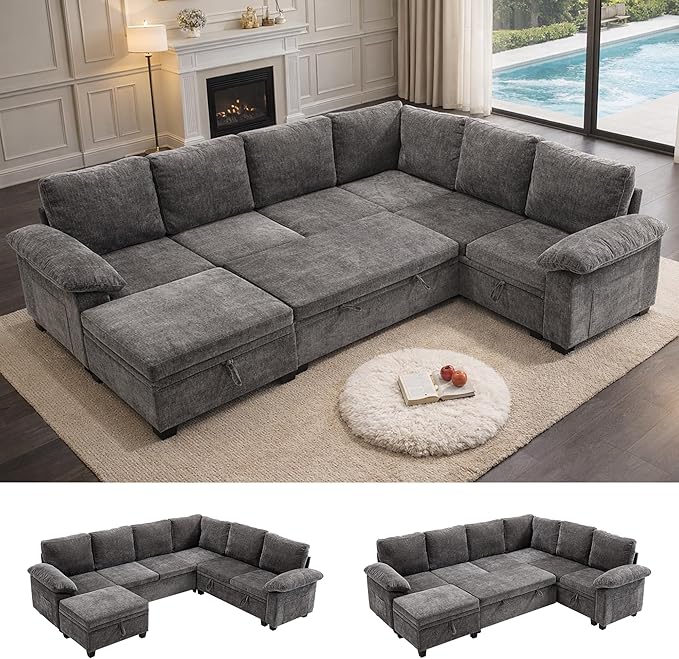 108 Inch Sectional Sleeper L Shaped Sofa with Pull Out Bed 7 Seat Modular Sectional Sofa with Storage Modern Chenille Cloud Couch Sectional Couches for Living Room Gray