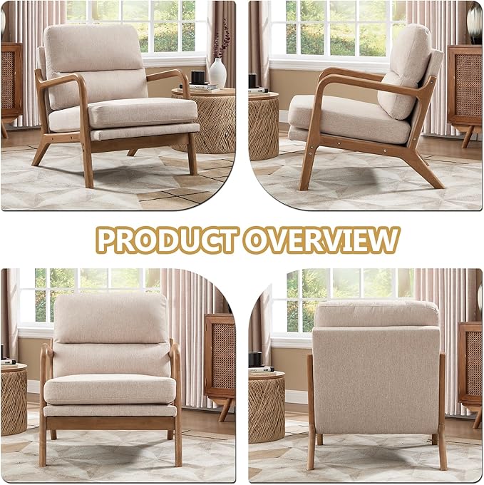 Bonzy Home Mid Century Modern Accent Chair Upholstered Reading Armchair with Solid Wood Frame &amp Thick Cushion Comfy Lounge Chair for Living Room Bedroom Apartment Beige