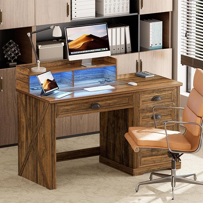 Computer Desk with Monitor Stand 47 in Farmhouse Home Office Desk with LED Lights Power Outlets Executive Desk with Storage for Working Gaming Study Writing Table for Bedroom Walnut