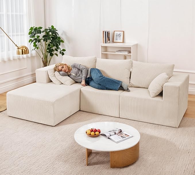 Modular Sectional Sofa Cloud Sectional Couch with L-Shape Chaise Modular Sofa with Deep Seat Upholstered Couches Boneless Sofa for Living Room Black(Left Facing Chaise3PCS)