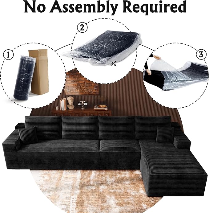 3-Piece Boneless Modular Sectional Sofa Cloud Couch with Right Facing Chaise Oversized Deep Seat Soft Corduroy Fabric Sectional Couch for Living Room-Black