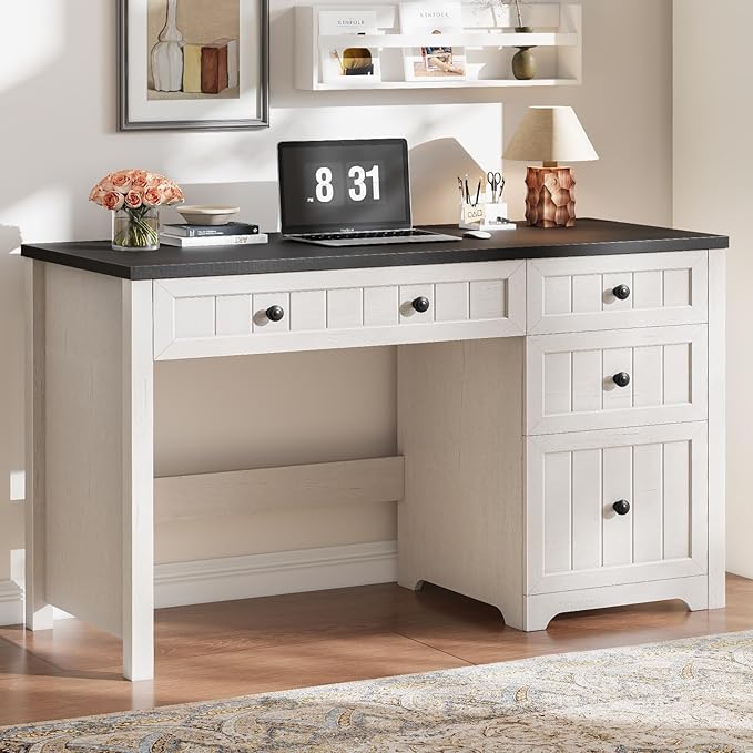 Vabches Farmhouse Executive Desk with 4 Drawers Home Office Desk with File Drawer Wood Computer Desk with Storage Rustic Office Desk for Work Study Writing Black White