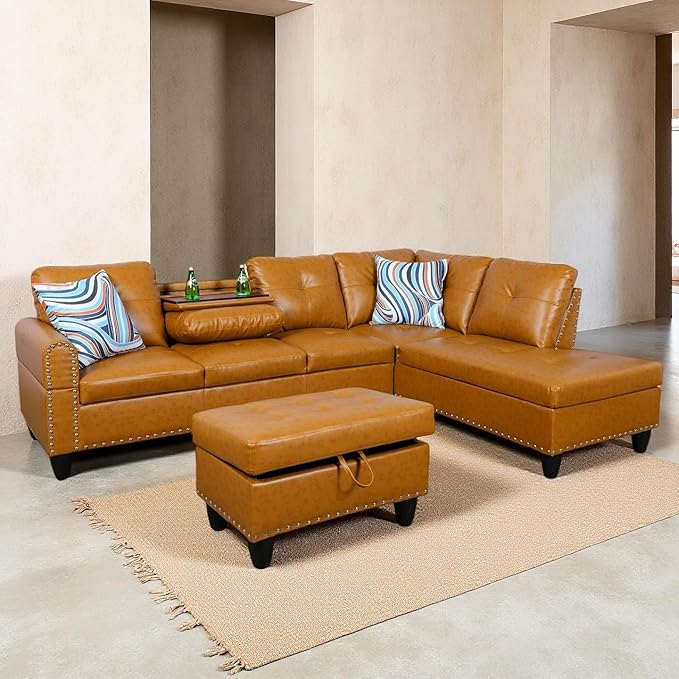 Sectional Couches for Living Room Convertible 4 Seat Modular Sectional Sofa Set for Living Room L Shaped Couch or U Shaped Couch with Storage Ottoman for Apartment Orange