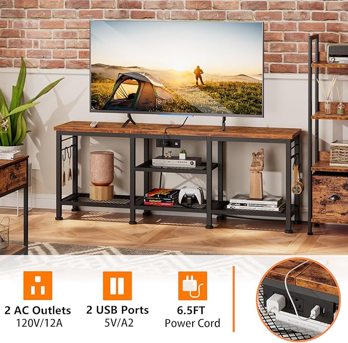 Furologee TV Stand with Power Outlets Entertainment Center with Open Storage Shelves for TVs up to 55 Inch Media Console Table with Soundbar Shelf for Living Room Bedroom Rustic Brown