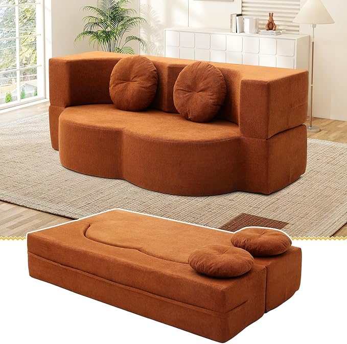 Folding Futon Sofa Bed Modern Convertible Fold Out Chenille Cloud Memory Foam Boneless Floor Lounge Loveseat Sleeper Mattress Sofa Couch with 2 Pillows for Guest Room Living Room Office Orange