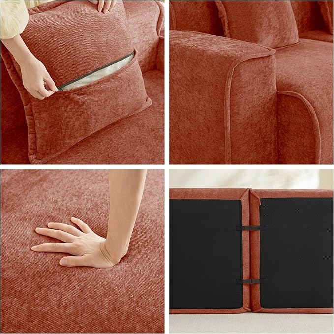 Casaphoria Red Modular Sofa 2 Seater L-Shaped Velvet Sectional with Ottoman &amp Detachable Pillows No Assembly French Piping Design 78.74 Inch Apartment Couch for Small Spaces