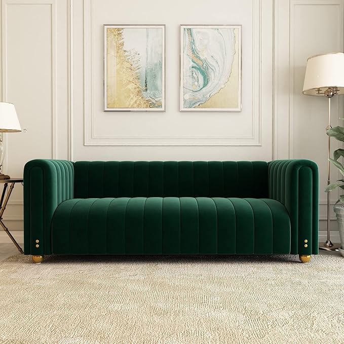 81 Green Velvet Sofa Mid Century Modern Couch for 3 Person Chesterfield Tufted Velvet Couches for Living Room Apartment Bedroom Office