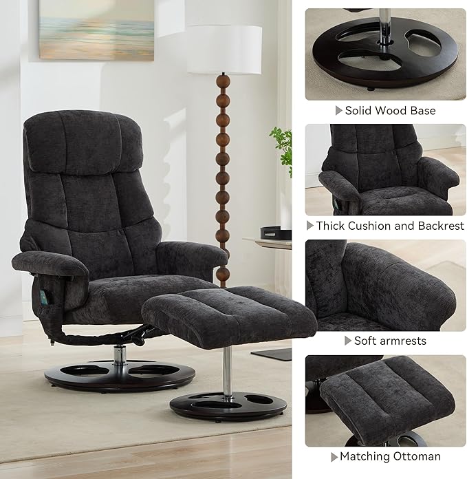 Elegant Chenille Massage Chair with 5 Point Vibration Massage360°Swivel Lounge Chair with OttomanDurable Structure Chaise Lounge with Adjustable Backrest For Living RoomOfficeStudyDark Gray