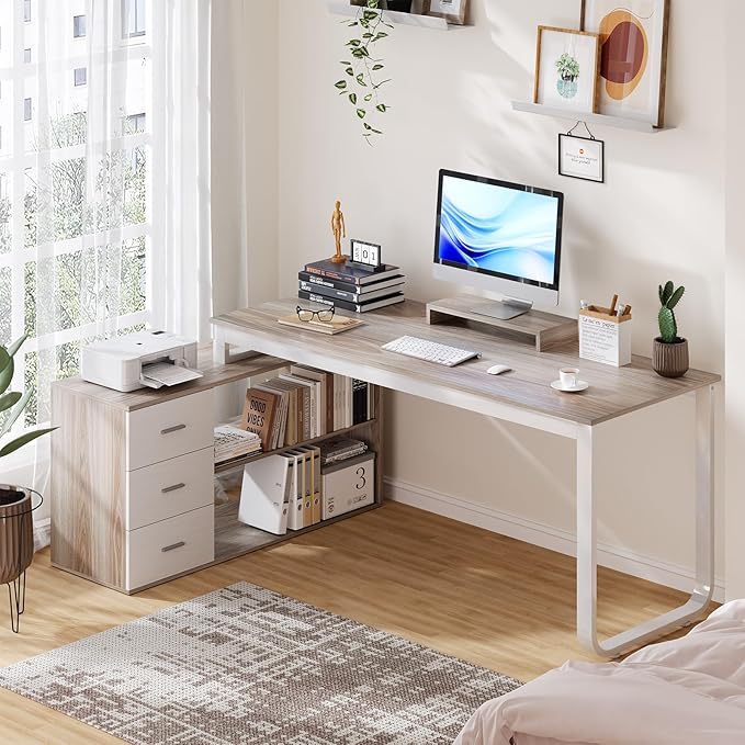 HOMBCK L Shaped Desk with Drawers and Shelves 55 Office Desk with Storage Removable Monitor Stand Reversible L Shaped Desk Corner Desk for BedroomHome Office White &amp Walnut
