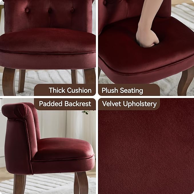 Velvet Vanity Chair with Solid Wood Legs Tufted Upholstered Vanity Stool with Back Mid Century Small Makeup Accent Chair for Bedroom Living Room Burgundy