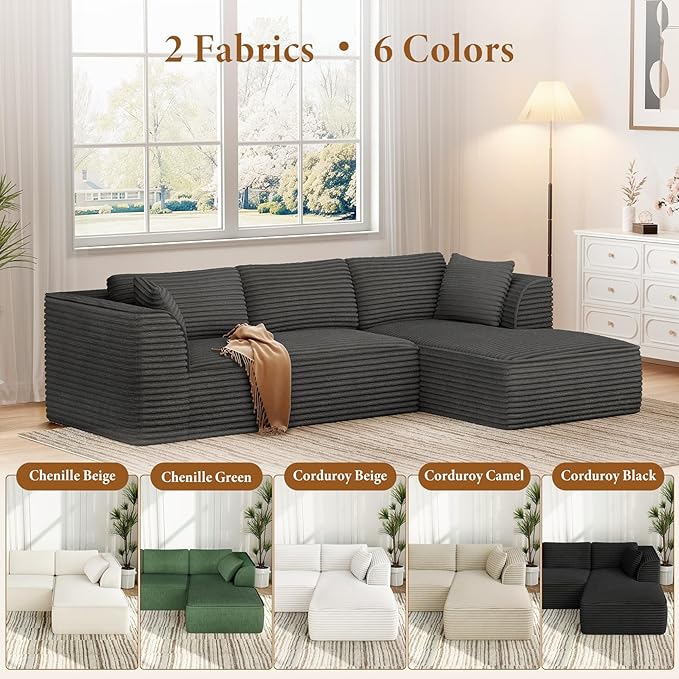 Vesgantti 106 Cloud Couch with Chaise Deep Seat Fluffy Modular Sectional Sofa Corduroy Memory Foam Boneless Couches for Living Room Bedroom No Assembly Required (Grey Right-Facing Chaise)