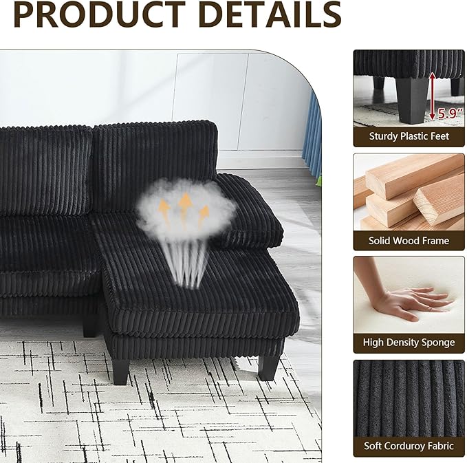 114.2W U-Shaped Sectional Sofa for Living Room Corduroy U-Shaped Couch with Double Chaises 4-Seater Comfy Cloud Sofa for Home Furniture Office &amp Small Space (Black)