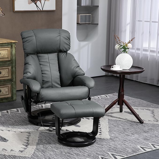Faux Leather Manual Recliner with Swivel Wood Base and Padded Armrest Comfortable Chair for Living Room Seating.