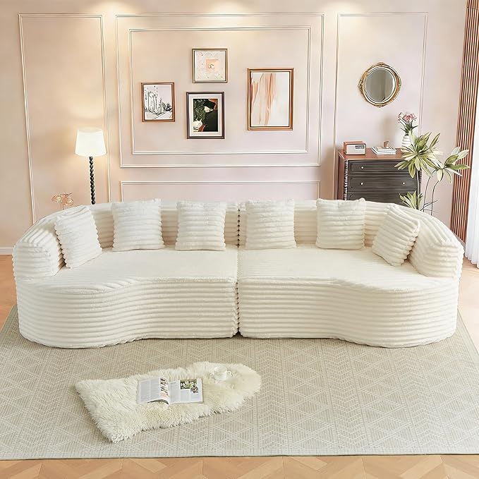 106” Oversized Curved Sectional Couch Corduroy Memory Foam Boneless Compression Sofa Couch with 6 Pillows Modern Floor Deep Seat Sofa for Living Room Office Apartment No Assembly Needed Beige