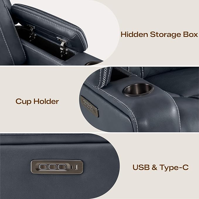 Watson &amp Whitely Super Zero Gravity Recliner Chair Oversized Genuine Leather Electric Recliner W Power Adjustable Headrest &amp Lumbar Support Hidden Storage for Living Room Navy Blue