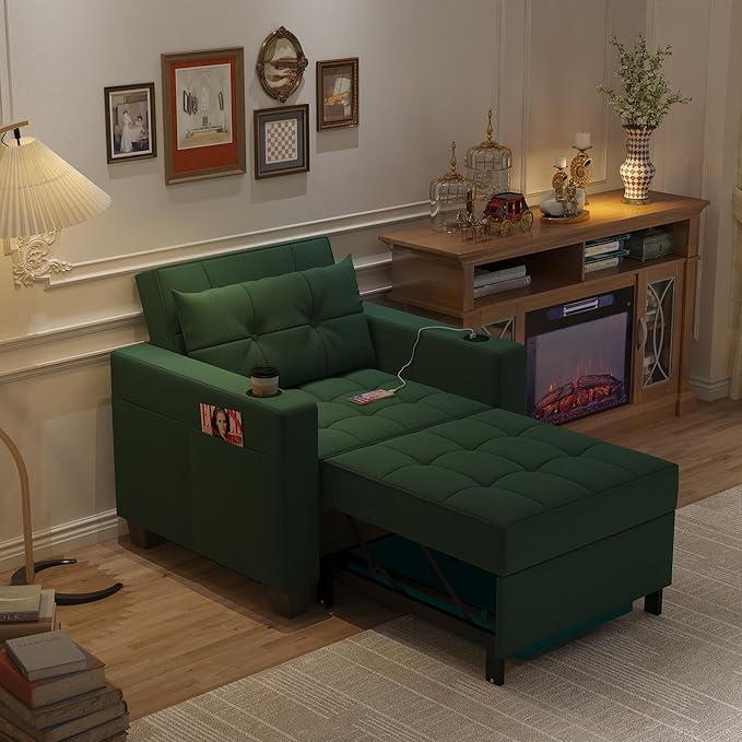 DURASPACE Pull Out Sofa Bed 3-in-1 Convertible Sofa Sleeper Chair Bed with USB Cup Holder Adjustable Armchair Beds for Small Spaces Apartment Living Room Office (Green Linen)