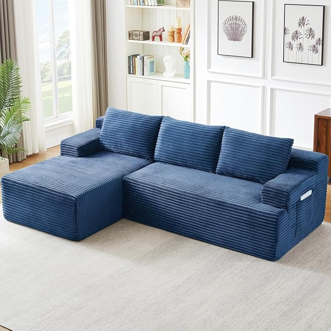96 Modular Sectional Sofa Modern Corduroy L Shaped Cloud Couch with Side Pockets Boneless Upholstered Couches with Deep Seat for Living Room No Assembly Required (Blue Left Facing Chaise)