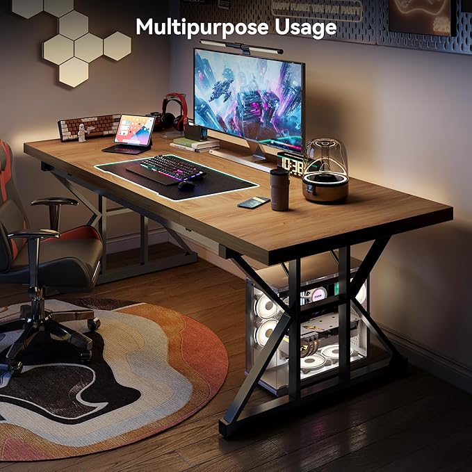 LITTLE TREE 70.8-Inch Large Executive Desk Modern Computer Office Desk Wooden Writing Desk Study Table for Home Office Light Walnut-Black