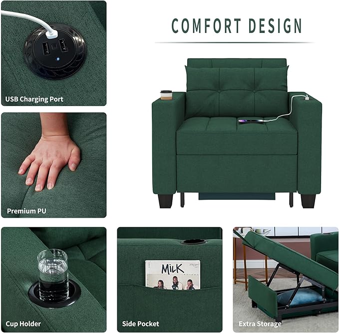 DURASPACE 36.6 Inch Sleeper Chair 3-in-1 Convertible Chair Bed Pull Out Sleeper Chair Beds Adjustable Single Armchair Sofa Bed with USB Ports Side Pocket Cup Holder (Forest Green Linen)