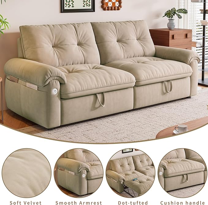 77 Queen Size Sofa Bed Loveseat Sleeper Sofa with Pull Out Bed Pockets and USB Velvet Fabric 2 Seater Convertible Small Couch for Living Room Bedroom Apartment Light Brown