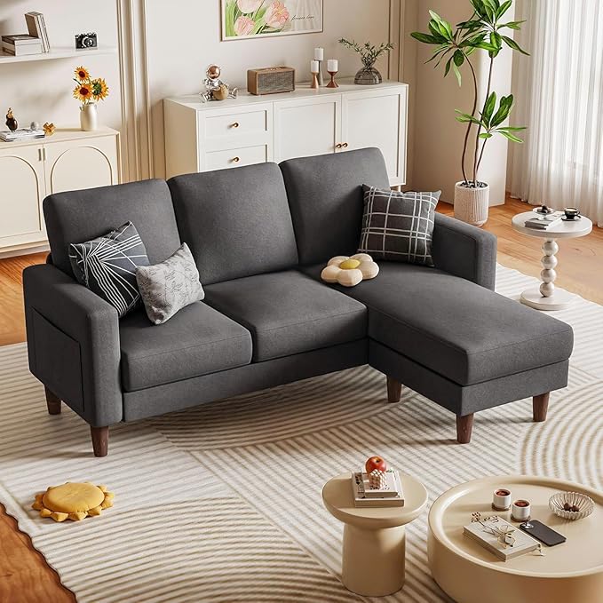 Homall Convertible Sectional Sofa 3 Seat L Shaped Couch with Side Storage Pocket Sofas with Movable Ottoman Small Linen Couches for Living Room &amp Apartment (Linen Fabric Dark Grey)
