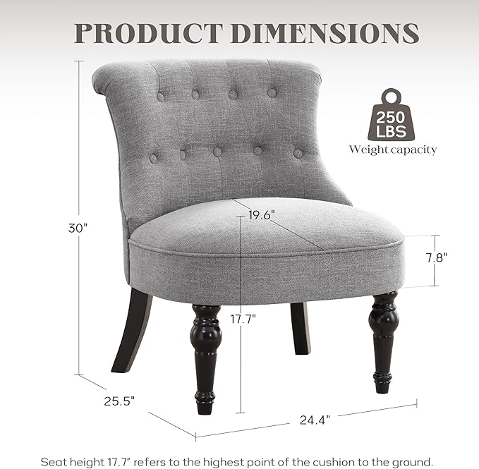 Armless Accent Chair Living Room Chairs with Wooden Legs Comfy Tufted Bedroom Chair Upholstered Chair for Reading Rooms Reception Apartments and Dormitories (Grey)