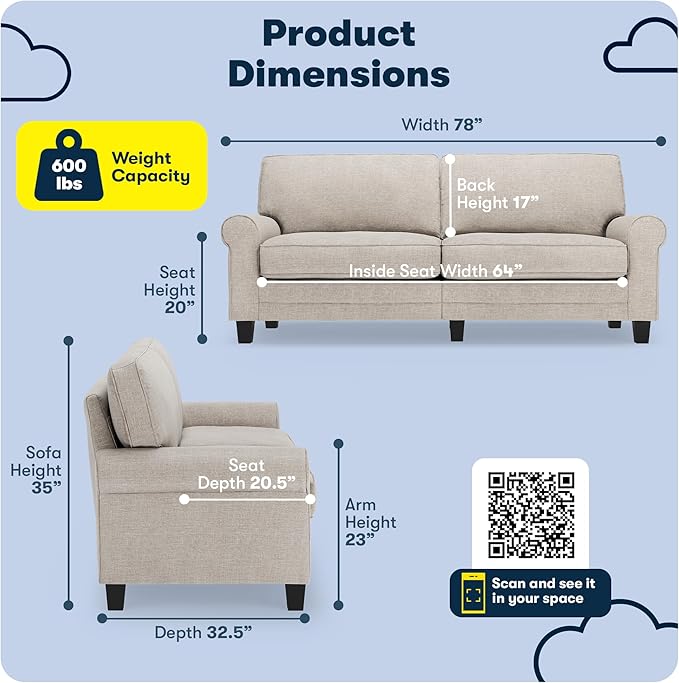 Serta Copenhagen 78 Rolled Arm Sofa Easy Care Polyester Soft Pillow Back Pocket Coil Seat Cushions Removable Covers Loveseat or Couch for Small Spaces Living Rooms or Bedrooms Light Gray