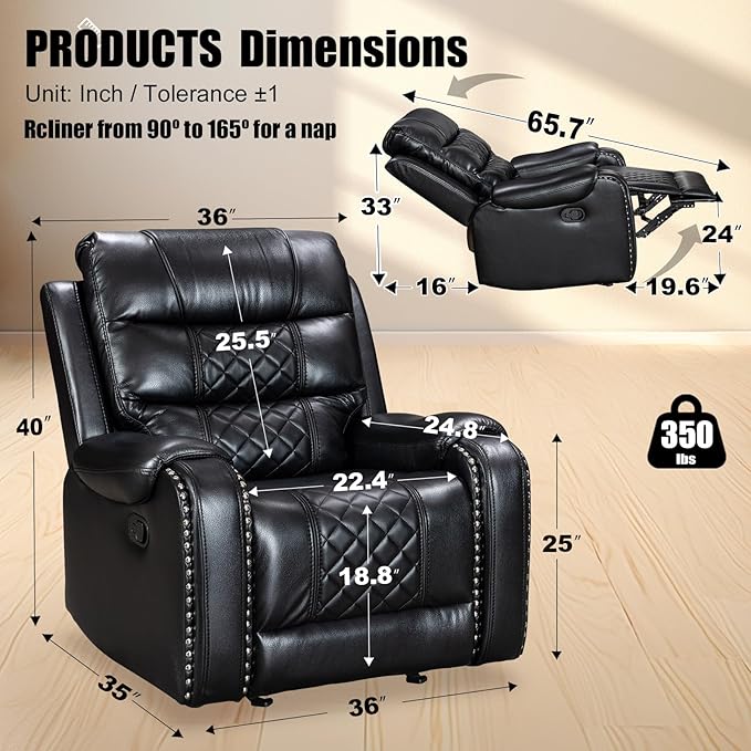 Manual Rocking Recliner Chair 36 Wide Black PU Leather with Diamond Stitching 350 lbs Capacity 90-165° Recline (Black)