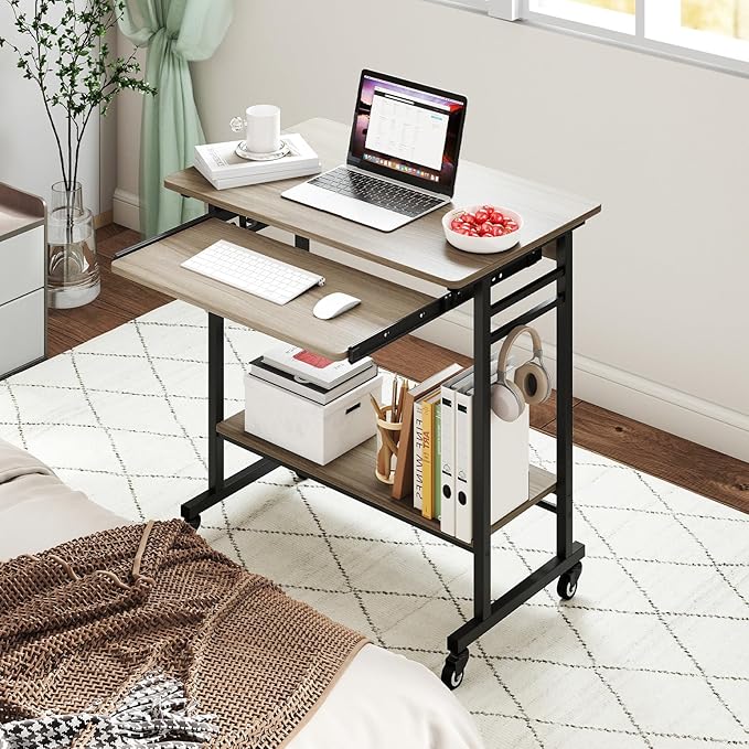 LDAILY Moccha Rolling Computer Desk Mobile Computer Desk with Keyboard Tray Portable Laptop PC Desk Open PC Stand 3 Earphone Hooks Wooden Computer Cart for Office Home (Grey Oak)