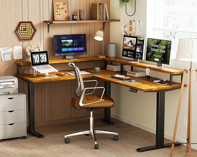 AODK Electric L Shaped Standing Desk 59 Inch Height Adjustable Stand Up Desk with Power Outlets ＆ Full Monitor Stand Reversible Corner Desk for Home Office ＆ Computer Workstation Rustic Brown