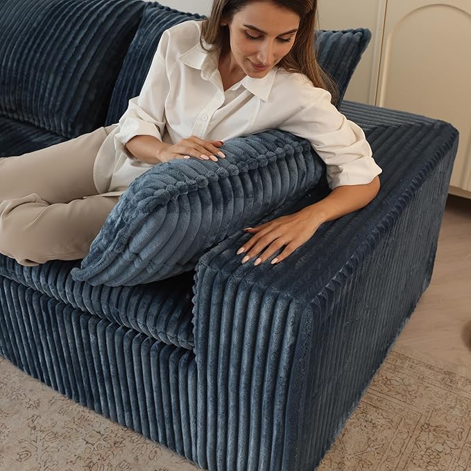118.2 Corduroy Boneless Cloud Sectional Couch for Living Room V-Shaped Corner Flexible Modular Sectional Couches No Assembly Required Thick Cushion Cozy Fluffy Sofa for Apartment(Blue) | Compress