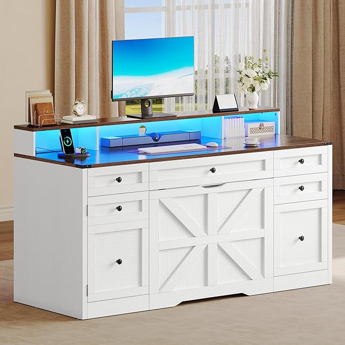 YITAHOME Computer Desk Stool Set with 5 Drawers Office Desk with Power Outlets &amp LED Lights Farmhouse Wood Desk Home Office Desks with Storage Cabinet &amp Monitor Stand for Work Study Antiqu