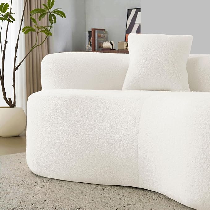 KEIKI 66.93 Cloud Sofa Curved Loveseat Sofa Teddy Velvet Compression Couch for Living Room Guest Bedroom No Assembly Required White