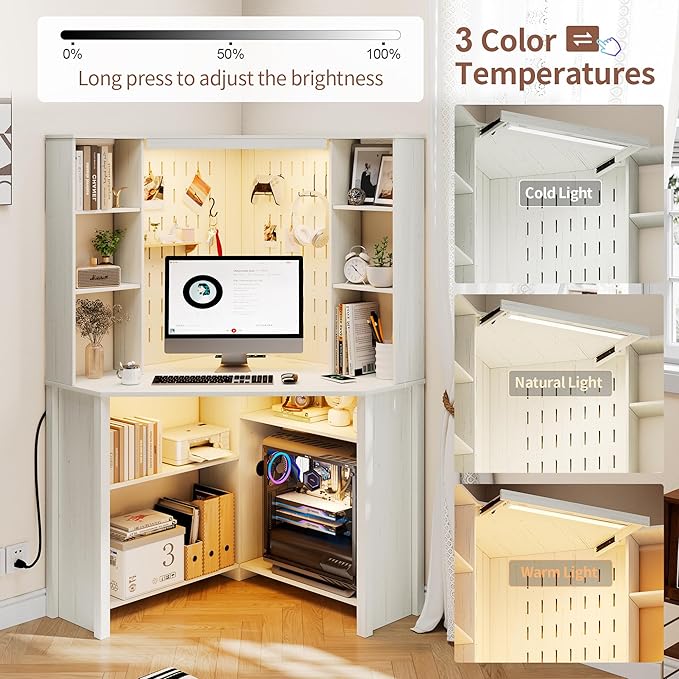 HNEBC Home Office Desk with Power Outlet &amp Chariging StationL-Shaped Corner Desk with Pull-Out LED LightsComputer Desk with Hutch &amp 10 ShelvesPegboards for Work &amp StudyWhite