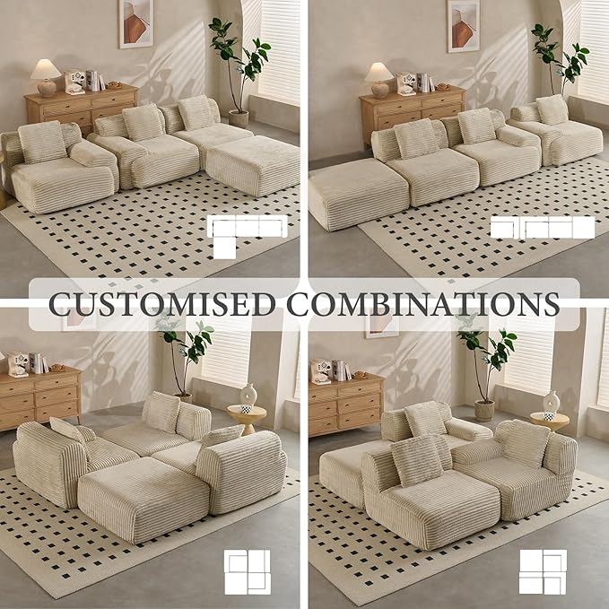 VK·LIVING 113 Cloud Sectional Couch 61.6 Deep Seat Boneless Modular Sofa with Wide Armrests Plush Corduroy Memory Foam Couch for Living Room No Assembly Sage Green