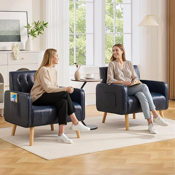Leather Accent Chair Mid-Century Modern Tufted Living Room Chair with Wooden Legs and Pocket Cozy Office Reading Chair Comfy Reception Armchair for Living Room Waiting Room Bedroom