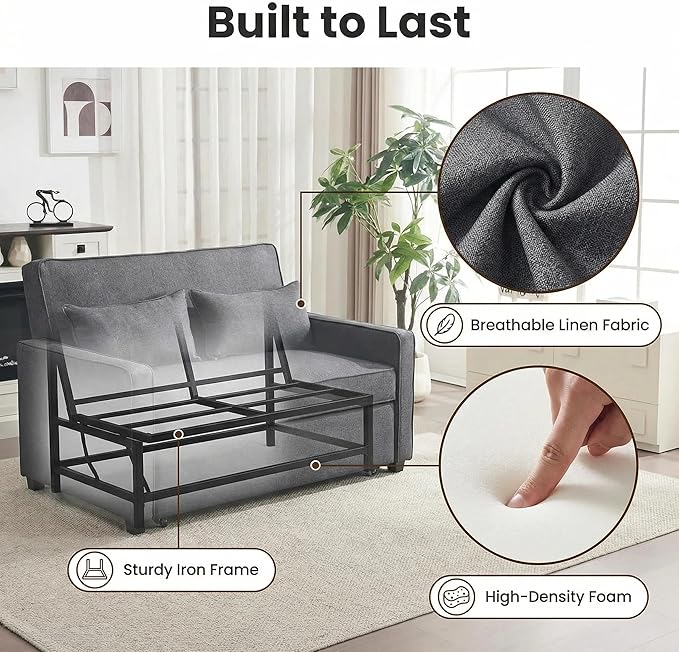 Furnimart Convertible 3-in-1 Sofa Bed with Adjustable Backrest Metal Frame Pull Out Couch Loveseat Sleeper Linen Sleeper Sofa for Living Room Apartment Small Space (Gray)