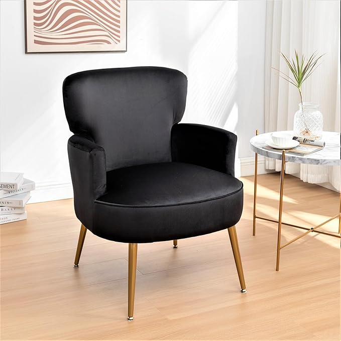 Trendy Velvet Accent Chair with Gold Metal Legs Upholstered Armchair for Small to Mid-Size Spaces Modern Living Room Bedroom Vanity Desk and Entryway Black
