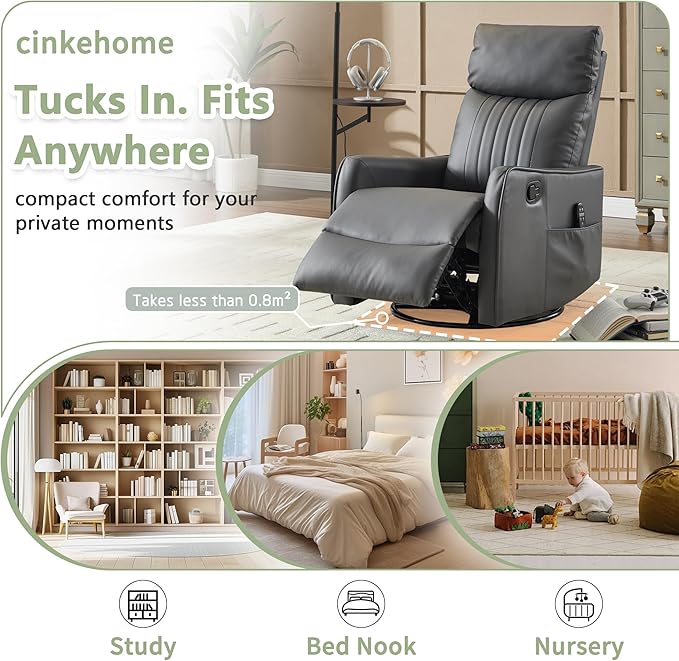 cinkehome Heated Massage Swivel Rocker Recliner Chair for Nursery - Small Space Reclining Chair with Lumbar Support 360° Swivel &amp Gentle Rocking Ergonomic High Back Faux Leather Gray