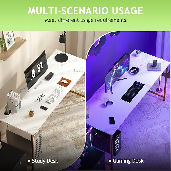 63 Inch Large Computer Gaming Desk Modern Simple Style Office Computer Table for Bedroom Writing Work Study Table with Metal Frame for Home Office Large Legroom Gold