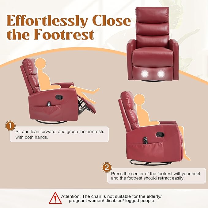 Luxlen Manual Swivel Rocker Recliner Chair with Massage Overstuffed Recliner Glider with Vibration Massage and Heat for Nursery Living Room Reclining Sofa Chair PU Leather Red