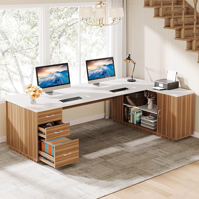Tribesigns 85.8-Inch L-Shaped Executive Desk Extra Large Modern Office Desk with File Drawers Door Cabinet &amp Shelves Commercial Office Table Home Business Workstation White &amp Brown