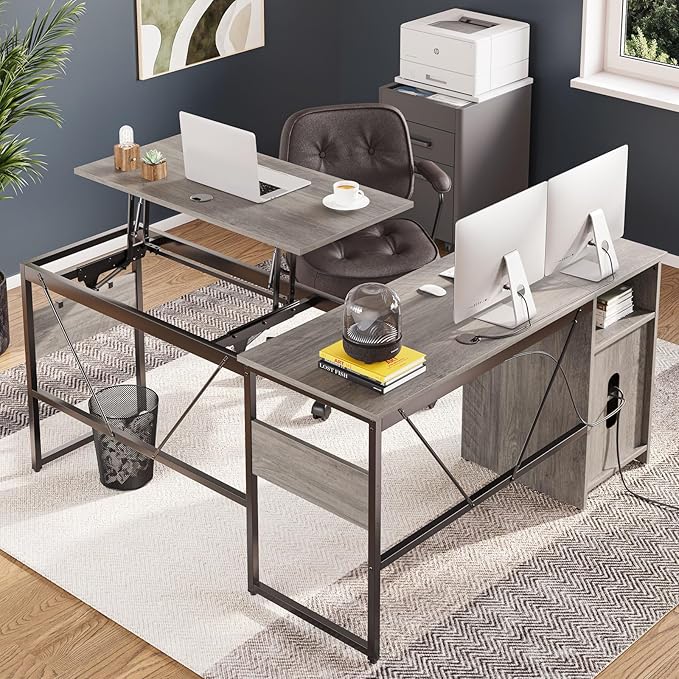 Bestier Versatile 60 Inch L-Shaped Standing Desk Lift Top Corner Desk Extending to 95 Inches with Storage Cabinet and Hooks for Home Office Washed Gray