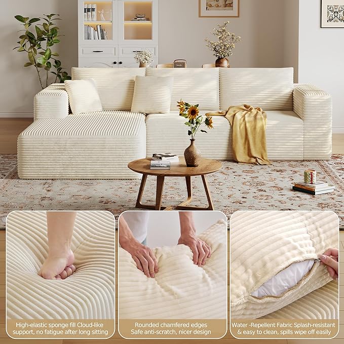 108'' Sectional Boneless Couches for Living RoomCloud Sectional Couch with L-Shape ChaiseModern Corduroy Modular Sofa with Deep SeatNo Assembly Required(Left Facing ChaiseBeige)