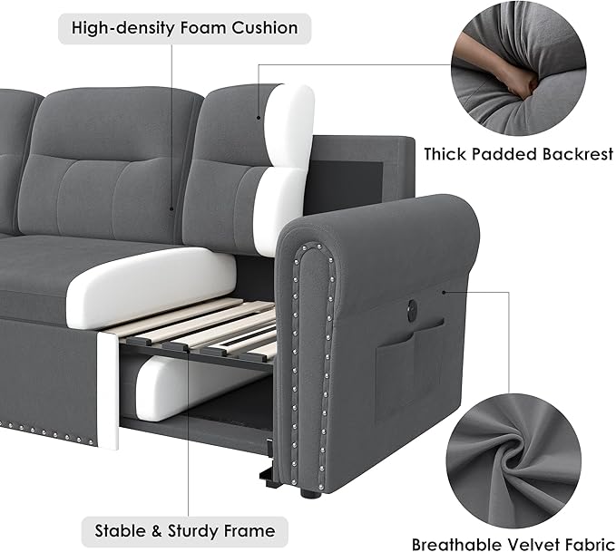 Sleeper Sofa Bed 87'' Sectional Couch with Reversible Storage Chaise &amp Nailhead Armrest Pull Out Couches for Living Room Side Pocket &amp Charging Station Removable Backrest Velvet Fabric D