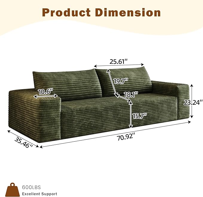 71 W Corduroy Boneless Couch 3-Seater Compression Sofa with Deep Seat No Assembly Required Comfy Loveseat Sofa with 2 Pillows Sofa Couches for Living Room/Apartment (Green 71 inch) | Breathable